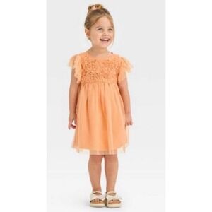 NWOT Cat & Jack Orange Peach Sparkle Formal Dress 5T Glitter‎ Ruffle Tulle Party